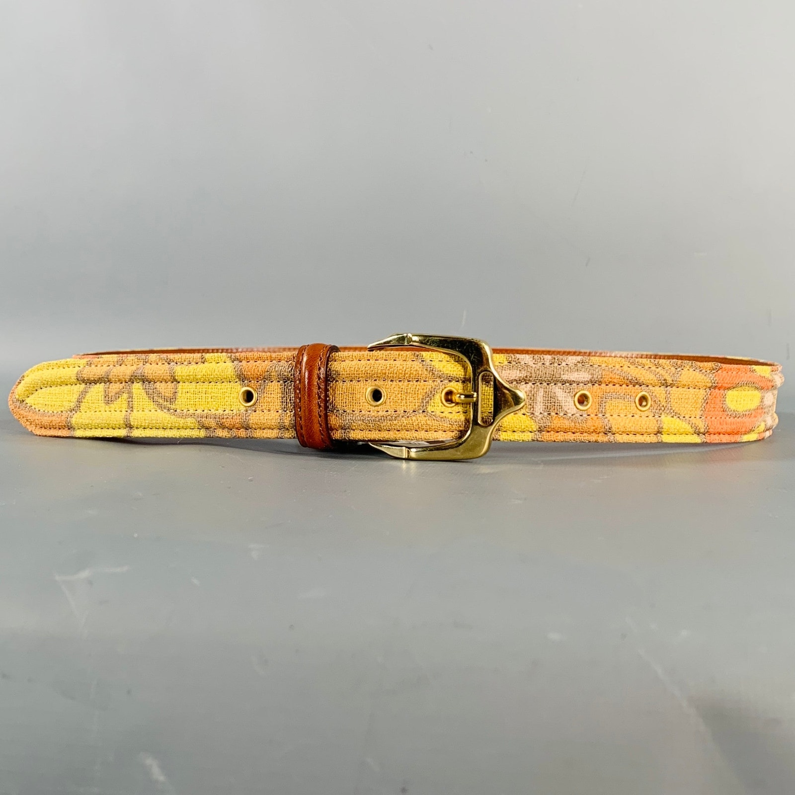 Burberry Prorsum Size 36 Orange Yellow Floral Canvas Leather Belt